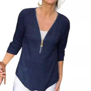 Soft Surroundings Navy Blue Lightweight Valentina Zip Sweater Size Small